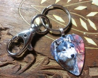 Guitar Pick KeyChain - Wolf Jewelry - Wolf Key Chain - Gray Wolf - Guitar Pick Jewelry - Pick Key Chain