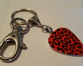 Guitar Pick KeyChain - Guitar Pick Jewelry - Red Key Chain - Leopard Key chain - Animal Print Jewelry - Pick Key Chain - Leopard Print