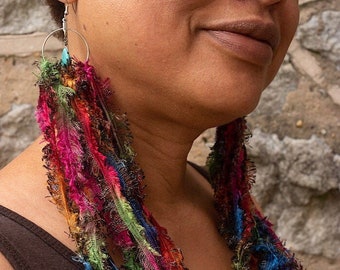 Bohemian Earrings with Fringe Bird of Paradise Glass Beads Tropical Summertime Beachwear