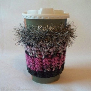 Crochet Coffee Cup Cozy Sleeve Black Pink and Gray with Eyelash yarn Trim