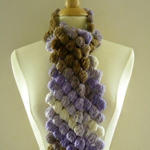 Crochet Scarf Neckwarmer Women Puffy Bobble Shades of Purple Soft White and Brown