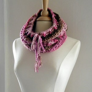 Crochet Cowl Scarf Neckwarmer Women Over the Ridge with Drawstring in Pinks and Browns image 3