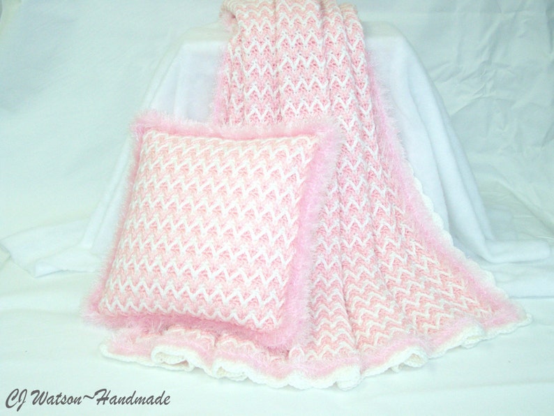 PDF Pattern Crochet Blanket Afghan Cotton Candy Pink and White Blanket and Pillow