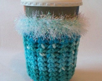 Crochet Coffee Cup Cozy Sleeve Bright Aqua Dark Aqua Light Blue and White with Eyelash yarn Trim