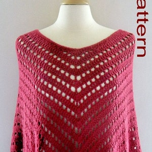 May include: A red crochet poncho with a lacy pattern. The poncho is displayed on a white mannequin.