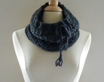 Crochet Cowl Scarf Neckwarmer Women Over the Ridge with Drawstring in Charcoal Gray Black