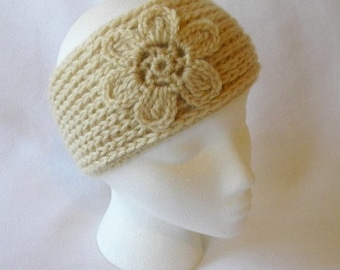 Crocheted Womens Flower Headband Ear Warmers in Beige