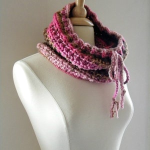 Crochet Cowl Scarf Neckwarmer Women Over the Ridge with Drawstring in Pinks and Browns image 2