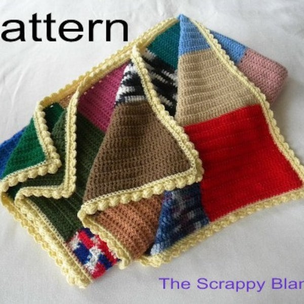 Crochet Blanket PDF Pattern Afghan The Scrappy Blanket Patchwork Quilt and Colorful Blue Green and Pink