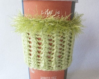 Crochet Coffee Cup Cozy Sleeve Apple Green with Eyelash yarn Trim