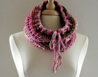 Crochet Cowl Scarf Neckwarmer Women Over the Ridge with Drawstring in Pinks and Browns