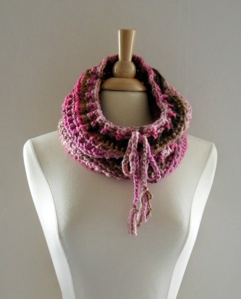 Crochet Cowl Scarf Neckwarmer Women Over the Ridge with Drawstring in Pinks and Browns image 1
