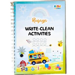 May include: A blue and yellow spiral bound book with the title "Ruqaya Write-Clean Activities" on the cover. The cover features a rainbow, a school bus, a bee, a spider web, and a farm scene.