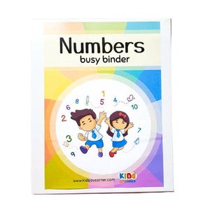 Könnte beinhalten: Ein farbenfroher Beschäftigungsordner mit dem Titel "Numbers" und einem Bild von zwei Kindern, die Zahlen auf einem Kreis nachzeichnen. Die Website "www.kidsjoycorner.com" ist unten aufgedruckt.