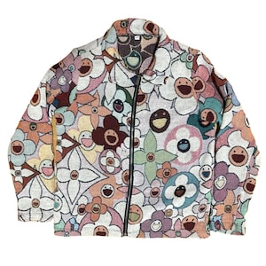 Bunte Blumen-Jacke im Streetwear-Stil – Künstlerisches Design mit lachenden Gesichtern - Geschenk für  Freundin - Geschenkidee - smiley face