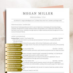 May include: A resume template with the name "Megan Miller" at the top. The resume includes sections for professional overview, work experience, and free resources like a digital planner and interview checklist. The document is printed on white paper.