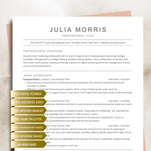 May include: A professional resume template featuring Julia Morris's details. It includes sections for professional overview and work experience, plus free resources such as a digital planner and interview checklist. The document is set against a cream backdrop.