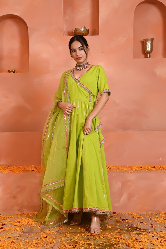 party wear cotton anarkali dress Designer Yellow Cotton Anarkali Kurti Pant Dupatta Set