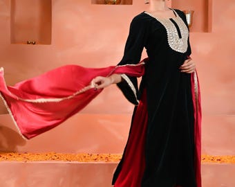 Black Velvet Kurta Set with Pink Dupatta – Embroidered Indian Festive Wear