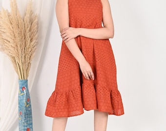 Rust Orange Cotton Schiffly Midi Dress | Sleeveless Ruffle Hem Boho Summer Party Wear