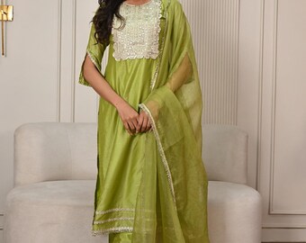 Lime Green Chanderi Kurta Set | Festive Indian Salwar Suit | Organza Dupatta