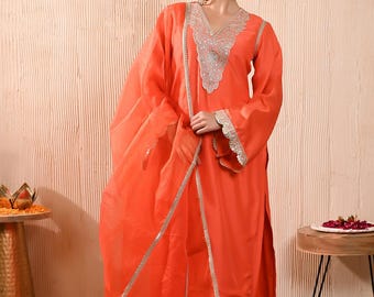 Orange Silk Kurta Set | Embroidered Organza Dupatta | Festive Indian Wear