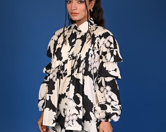 Ensemble d'ensemble floral noir blanc | Pantalon large à volants | Tenues de soirée bohèmes imprimées