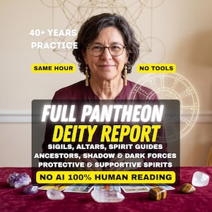 Peut inclure: Une personne portant des lunettes et une chemise sombre derrière une table avec des cristaux et des cartes. Le texte inclut : 40+ YEARS PRACTICE, SAME HOUR, NO TOOLS, FULL PANTHEON DEITY REPORT, SIGILS, ALTARS, SPIRIT GUIDES, ANCESTORS, NO AI 100% HUMAN READING.