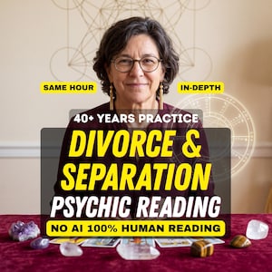 Peut inclure: Une personne aux cheveux foncés portant des lunettes et une chemise sombre, derrière une table avec des cartes de tarot et des cristaux. Le texte indique : SAME HOUR, IN-DEPTH, 40+ YEARS PRACTICE, DIVORCE & SEPARATION PSYCHIC READING, NO AI 100% HUMAN READING.