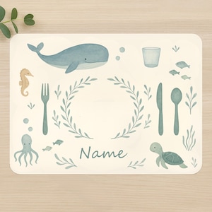 Personalisierbares Platzset Kinder Unterwasserwelt – Montessori inspiriert | Lernset Tisch decken | Wal, Oktopus, Schildkröte