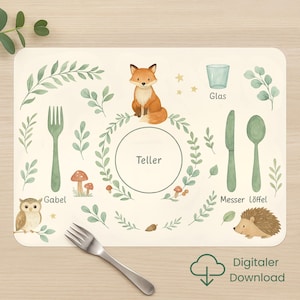 Platzset Kinder – Waldtiere | Lernunterlage für Kleinkinder | Montessori inspiriert | Tisch decken | Tischset | Kindergarten&Krippe
