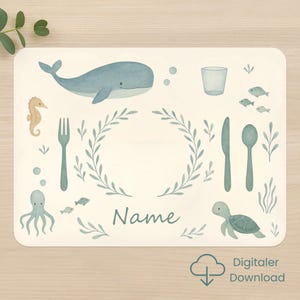 Personalisierbares Platzset Kinder Unterwasserwelt – Montessori inspiriert | Lernset Tisch decken | Wal, Oktopus, Schildkröte