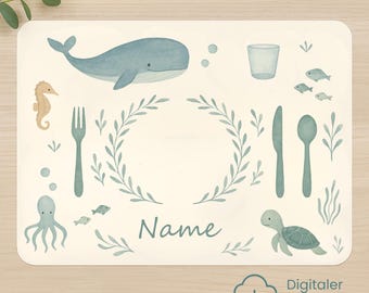 Personalized Children's Placemat Underwater World – Montessori Inspired | Learning Set for Setting the Table | Whale, Octopus, Turtle