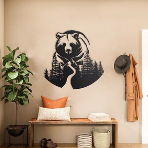 Cartello da parete in metallo con silhouette di orso, decorazione da parete con animali selvatici per baita, casa o lodge, decorazione da parete rustica in acciaio nero opaco.