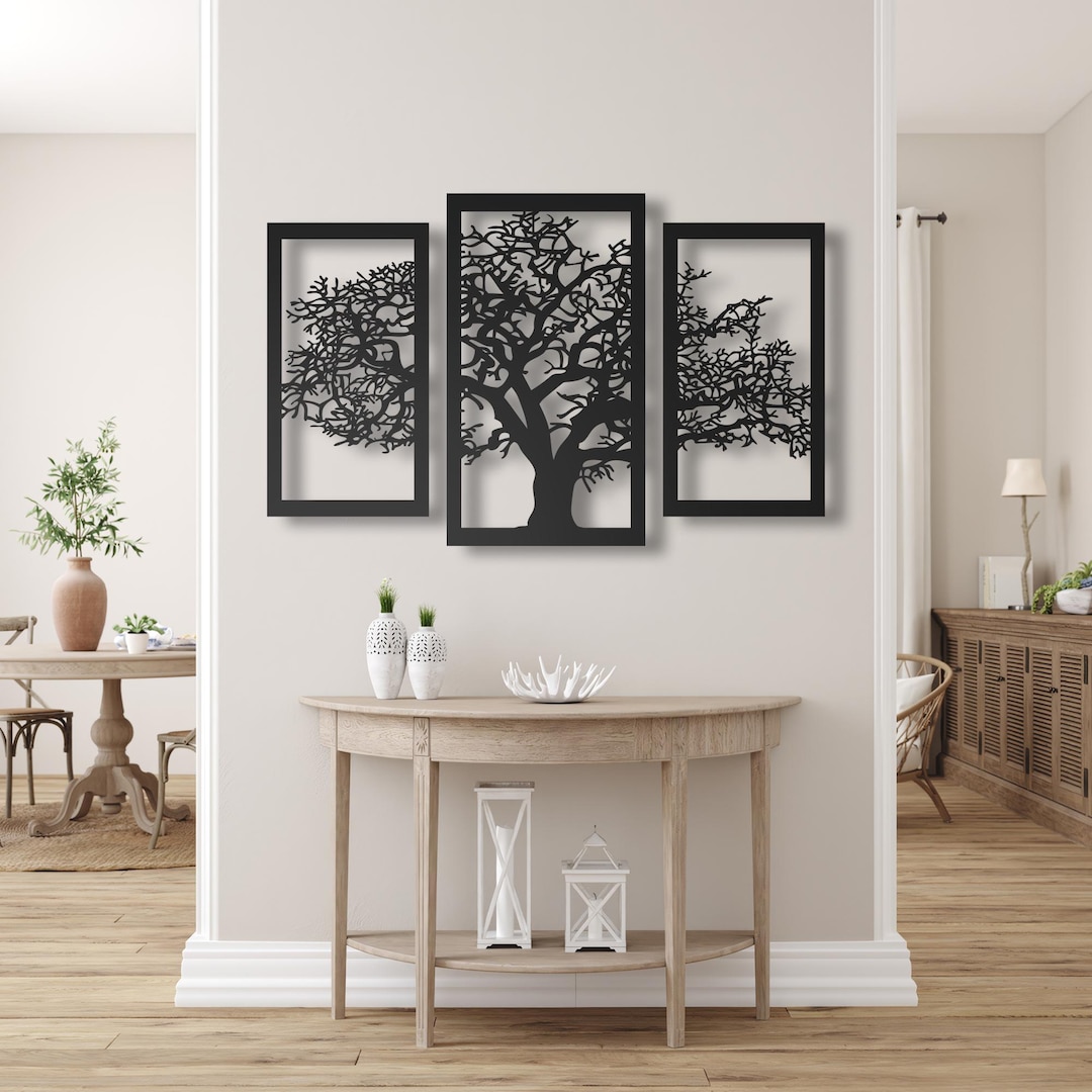 Tree of Life Metal Wall Art 3 Panel Set, Modern Black Steel Home Decor ...