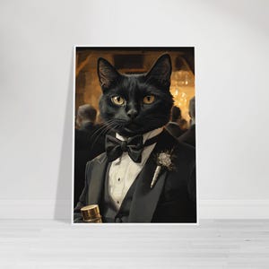 エレガントな黒猫のタキシードプリント | 額入りアートプリント | プレミアムマット紙 | ユーモラスなウォールアート | 猫好きへのギフト | ペットの王族