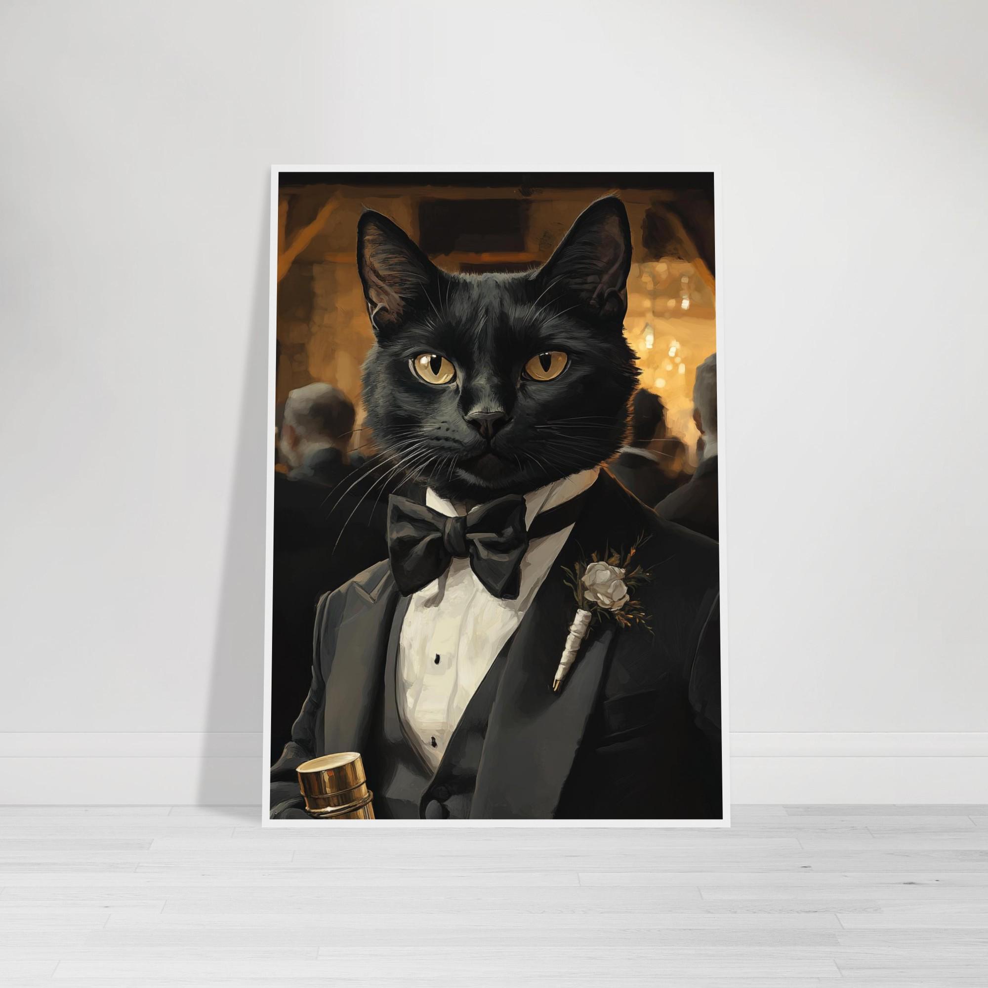 Elegante zwarte kat smokingprint | Ingelijste kunstdruk | Premium mat papier | Humoristische muurkunst | Cadeau kattenliefhebber | Huisdierenkoningin