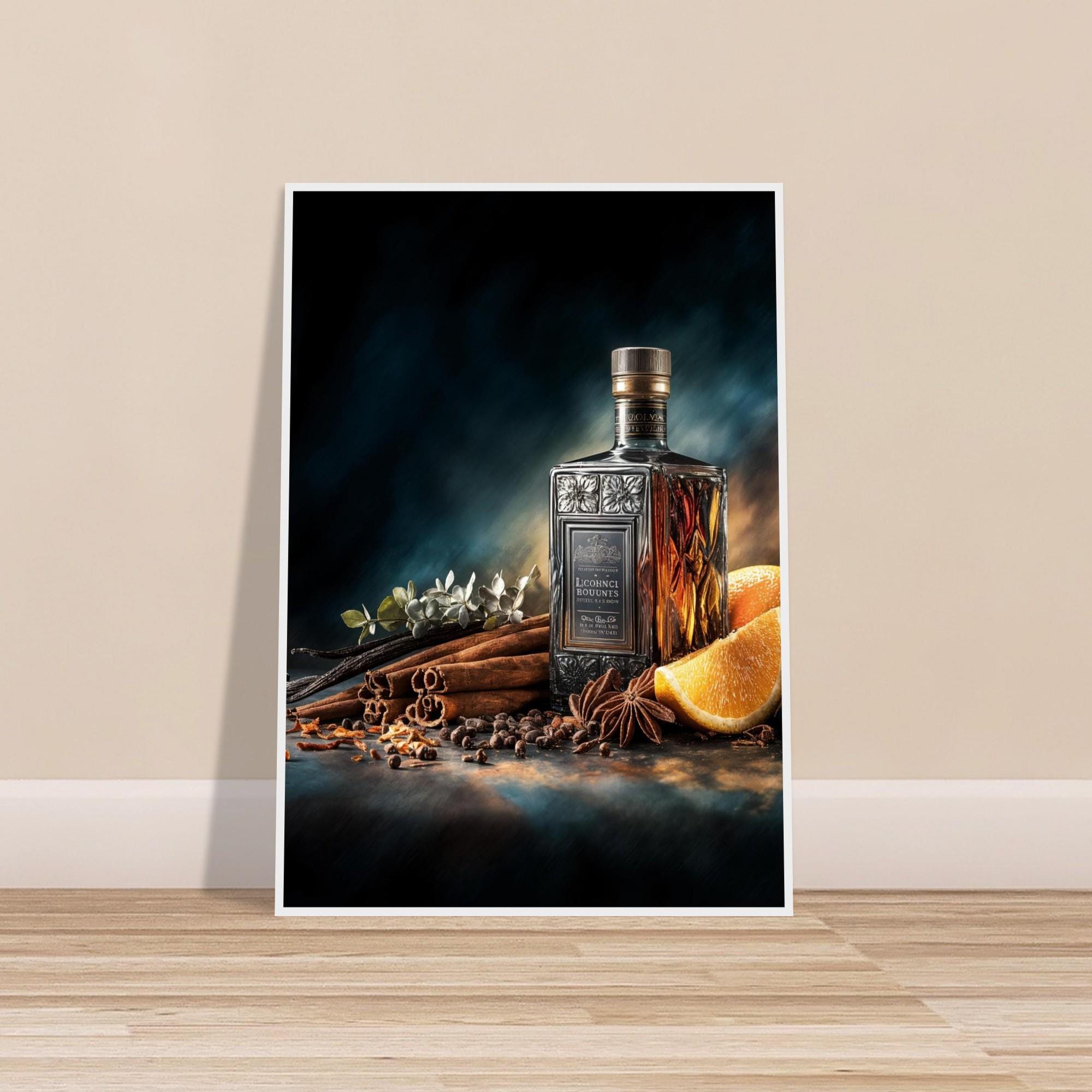 Luxus gewürzter Rum Print – Gerahmtes Stillleben mit Orangen, Zimt & Sternanis – Elegante Bar oder Küchen Wand Kunst