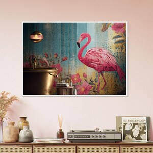 Arte de baño con mosaico de flamencos enmarcado / Impresión de pared de lujo / Decoración rosa / Póster tropical maximalista / Decoración de pared enmarcada / Baño con flamencos