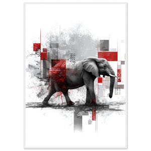 Impresión abstracta de elefante, arte geométrico de pared con animales, decoración de vida silvestre en rojo, póster moderno y llamativo de elefante, obra de arte enmarcada de safari africano