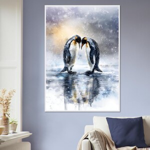 Stampa da parete con pinguino incorniciata / Stampa romantica di animali selvatici / Decorazione con animali artici / Poster d'amore invernale / Decorazione da parete con cornice / Regalo per gli amanti dei pinguini