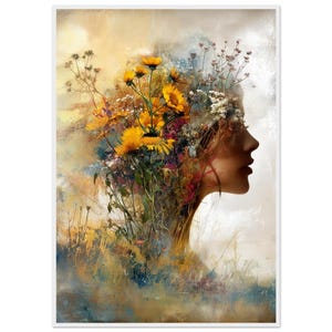 Stampa floreale di donna con fiori selvatici incorniciata / Stampa artistica floreale femminile / Arte murale botanica surreale / Carta opaca premium / Decorazione ispirata alla natura