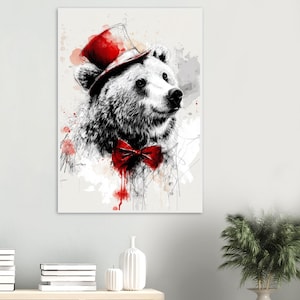 Arte mural de oso con sombrero de copa, dibujo lineal de animales juguetones, decoración peculiar de vida silvestre, póster de oso caprichoso, obra de arte minimalista de animales enmarcada