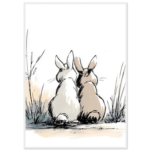 Coppia di coniglietti carini seduti insieme / Arte minimalista con cornice di animali / Poster opaco premium / Stampa di conigli innamorati / Decorazione da parete per cameretta o coppia