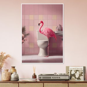 Poster con fenicotteri incorniciato / Stampa murale divertente con piastrelle rosa / Decorazione per il bagno originale / Poster per il bagno degli ospiti / Stampa murale tropicale incorniciata