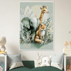 Arte de pared para habitación infantil con animales del bosque, estampado de elefante, jirafa y zorro, decoración para habitación de bebé, ilustración de safari en tonos neutros, póster enmarcado de tres animales.