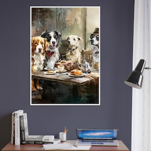 Stampa da parete con cornice "Dog Cafe" / Stampa di cani divertenti che bevono tè / Poster vintage di animali / Regalo originale per gli amanti degli animali / Decorazione da parete con cornice / Dog Cafe