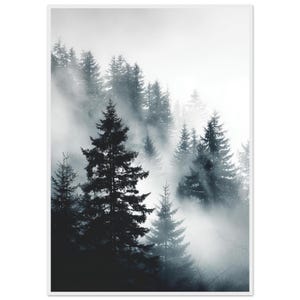 Stampa in bianco e nero di una scena di foresta tranquilla / Paesaggio con alberi nebbiosi incorniciato / Poster fotografico naturalistico suggestivo / Carta opaca / Arredamento moderno e tranquillo