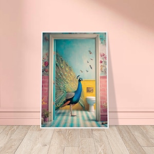 Arte de baño de pavo real enmarcado / Impresión de pared colorida / Decoración divertida para el baño / Animal floral vibrante / Póster de galería de baño / Arte de pared enmarcado