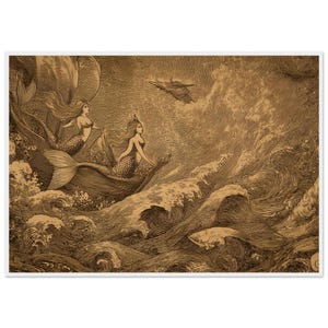 Grabado antiguo de sirena oceánica / Arte mural náutico vintage / Póster enmarcado / Decoración marina mítica / Papel mate premium